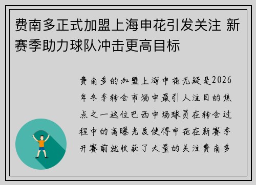 费南多正式加盟上海申花引发关注 新赛季助力球队冲击更高目标