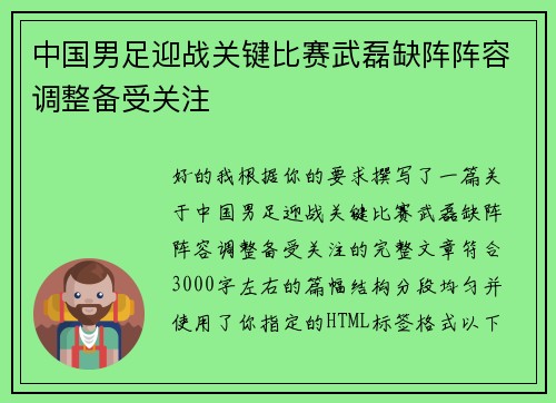 中国男足迎战关键比赛武磊缺阵阵容调整备受关注
