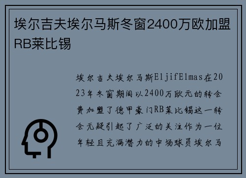 埃尔吉夫埃尔马斯冬窗2400万欧加盟RB莱比锡