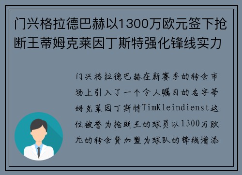 门兴格拉德巴赫以1300万欧元签下抢断王蒂姆克莱因丁斯特强化锋线实力 门兴格拉德巴赫以1300万欧元签下抢断王蒂姆克莱因丁斯特强化锋线实力