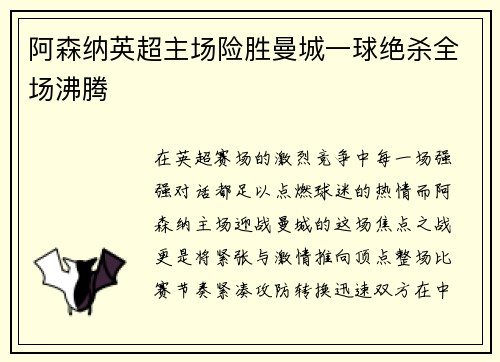 阿森纳英超主场险胜曼城一球绝杀全场沸腾