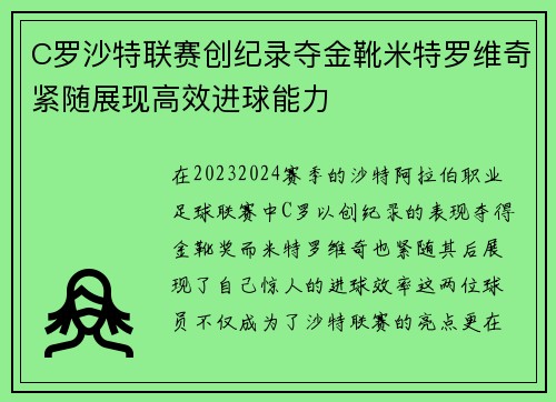 C罗沙特联赛创纪录夺金靴米特罗维奇紧随展现高效进球能力 C罗沙特联赛创纪录夺金靴米特罗维奇紧随展现高效进球能力
