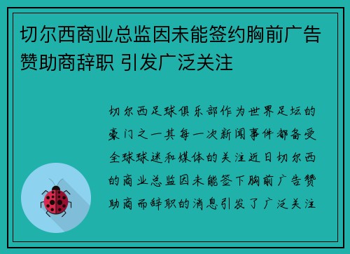 切尔西商业总监因未能签约胸前广告赞助商辞职 引发广泛关注 切尔西商业总监因未能签约胸前广告赞助商辞职 引发广泛关注